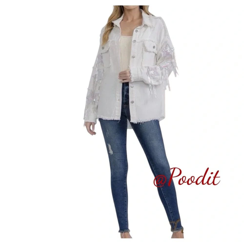 BLUE VELVET off white denim sequin and bead fringe detail Shacket/top size S M L - Picture 10 of 10